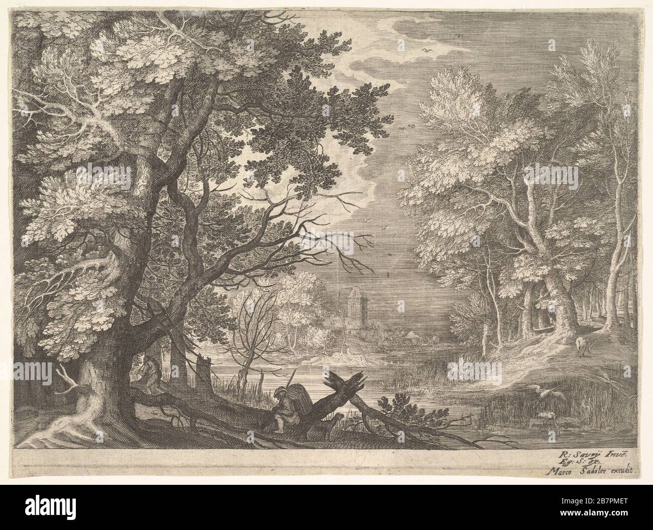 Woodland scene with marshy banks, two men and a dog in profile at left, two-long-necked birds at right, from the series 'Six landscapes in Tyrol' after Roelandt Savery, ca. 1600. Stock Photo