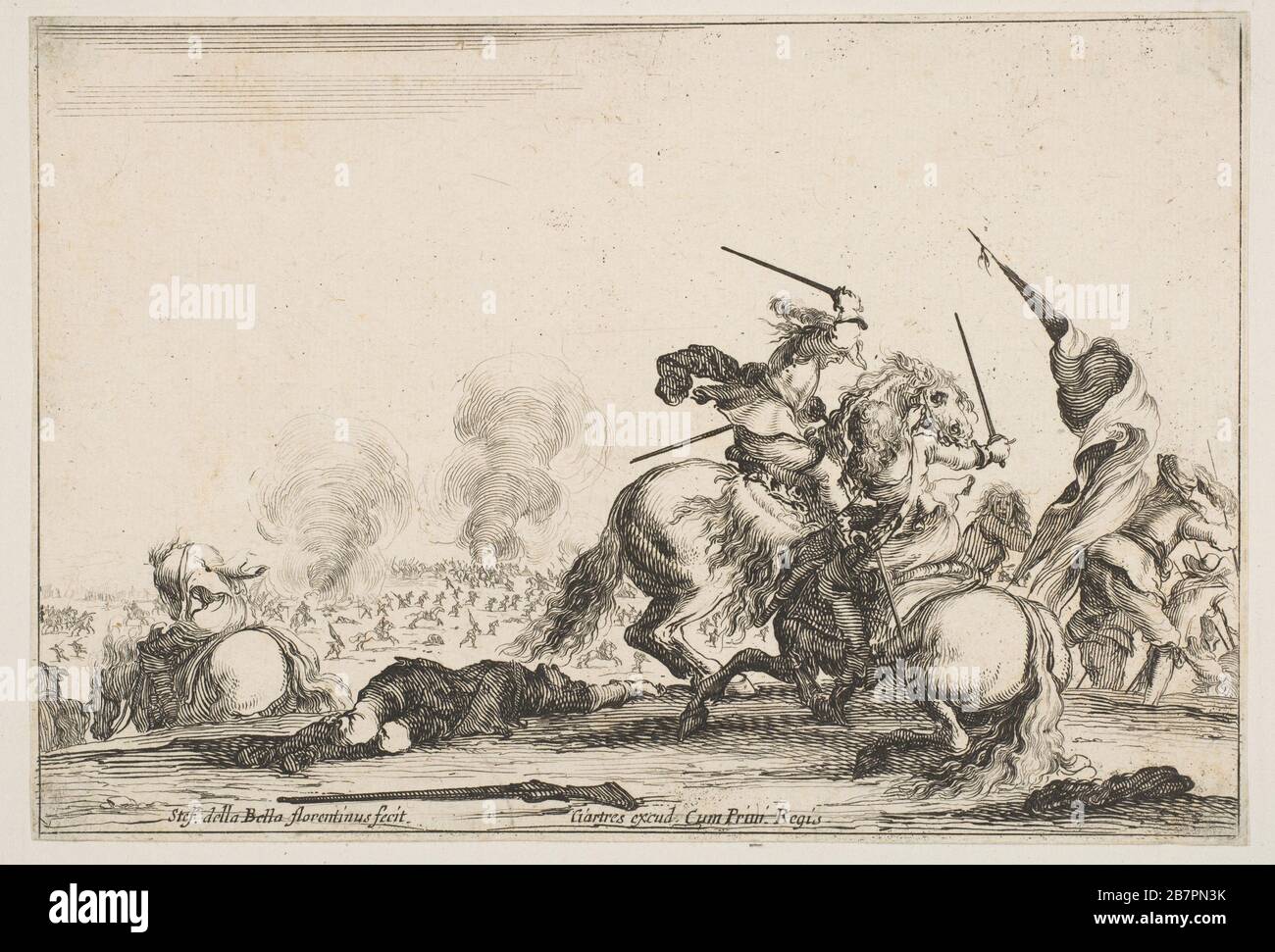 A skirmish, two horsemen battling with swords to the right, men carrying a flag running away towards the right, a dead man on the ground and a horseman seen from behind to the left, from 'Varie figure', ca. 1645. Stock Photo