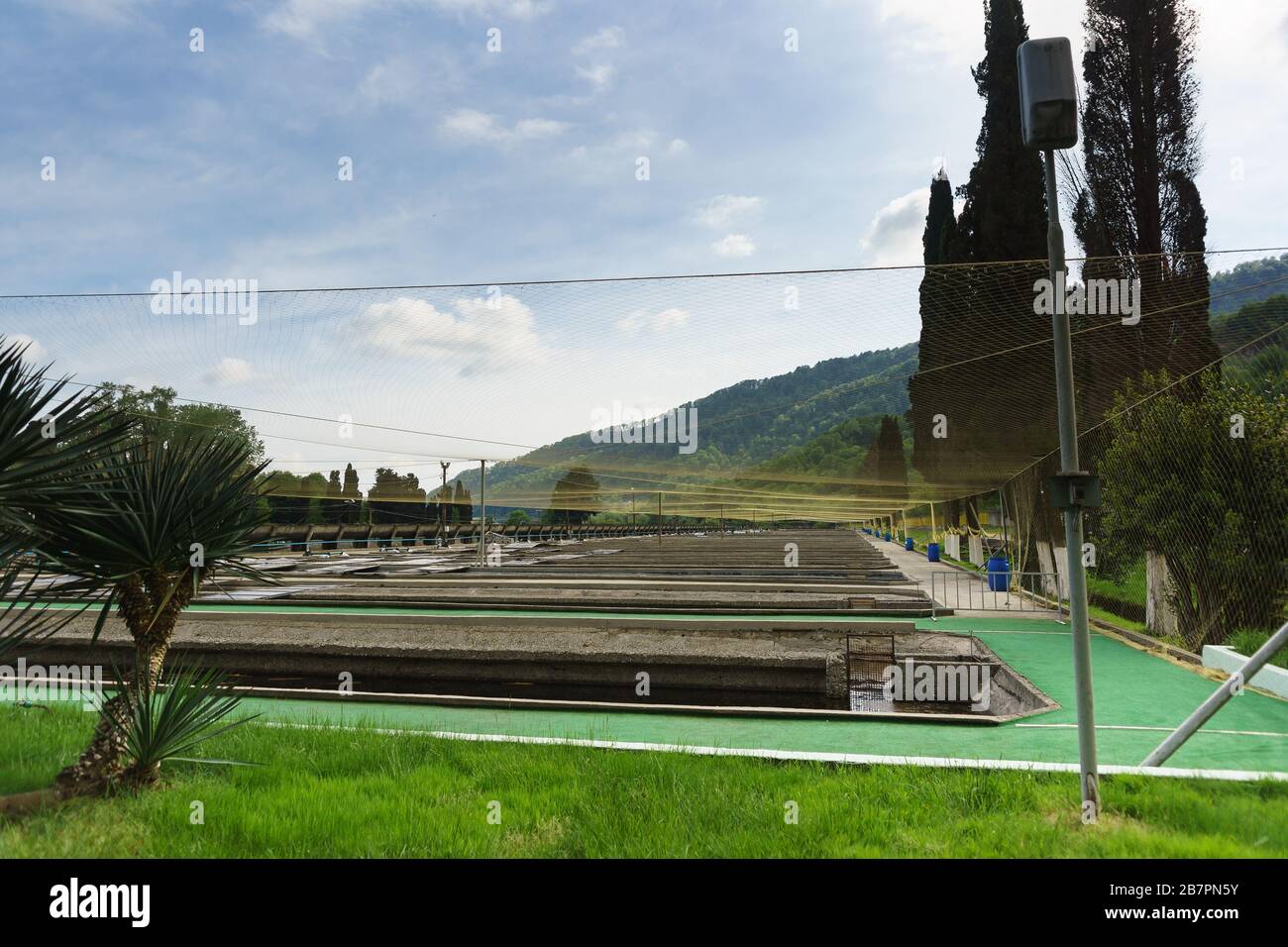 Artificial fish ponds on the background of cypresses and mountains. On top of the mesh stretched to protect against birds of prey. Sunny summer day Stock Photo