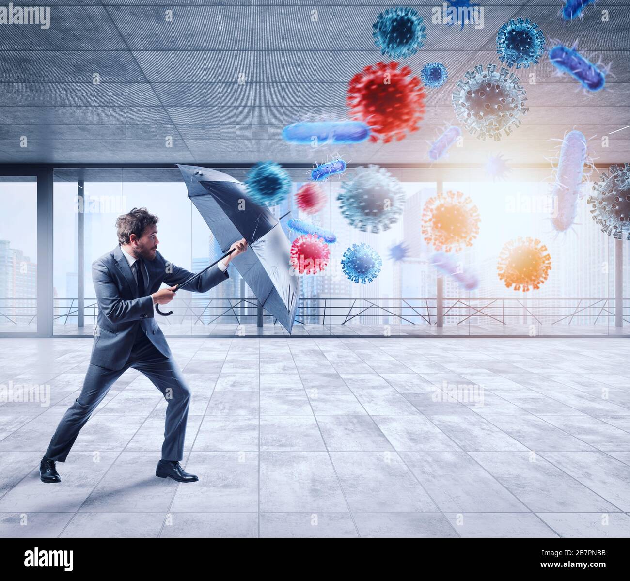 Businessman with umbrella covers himself from bacteria. Concept of solution to stop viruses contamination and pandemic Stock Photo