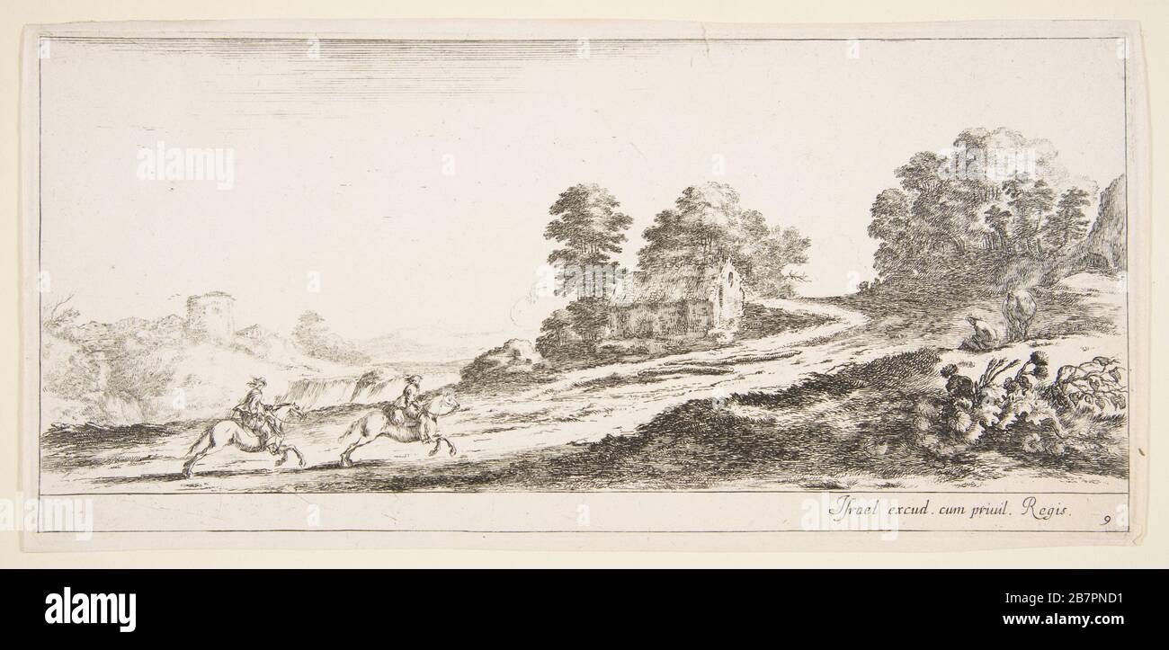 Plate 9: two horsemen at left galloping uphill towards the right, a horse and seated man to right, from 'Various landscapes' (Divers paysages), ca. 1641. Stock Photo