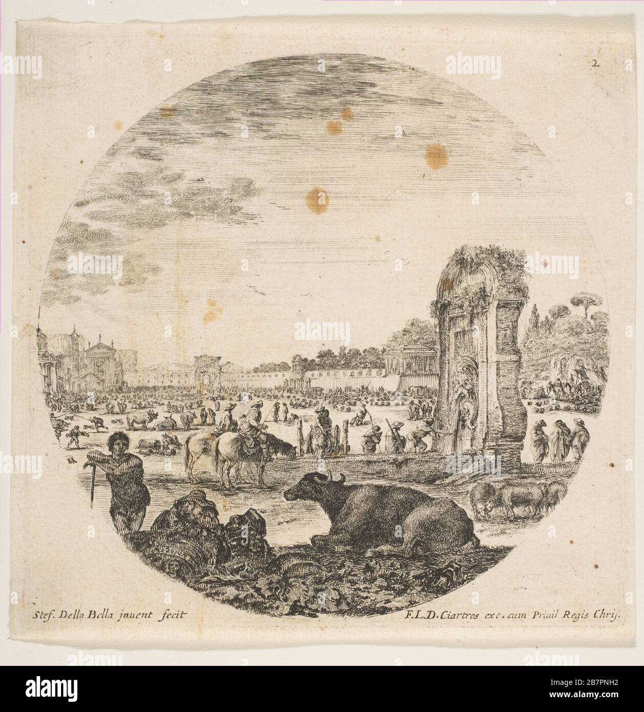 Plate 2: Campo Vaccino, a buffalo and two shepherds in center, the Fontanone to right in the middle ground, various animals and people in the background, from 'Roman landscapes and ruins' (Paysages et ruines de Rome), ca. 1646. Stock Photo