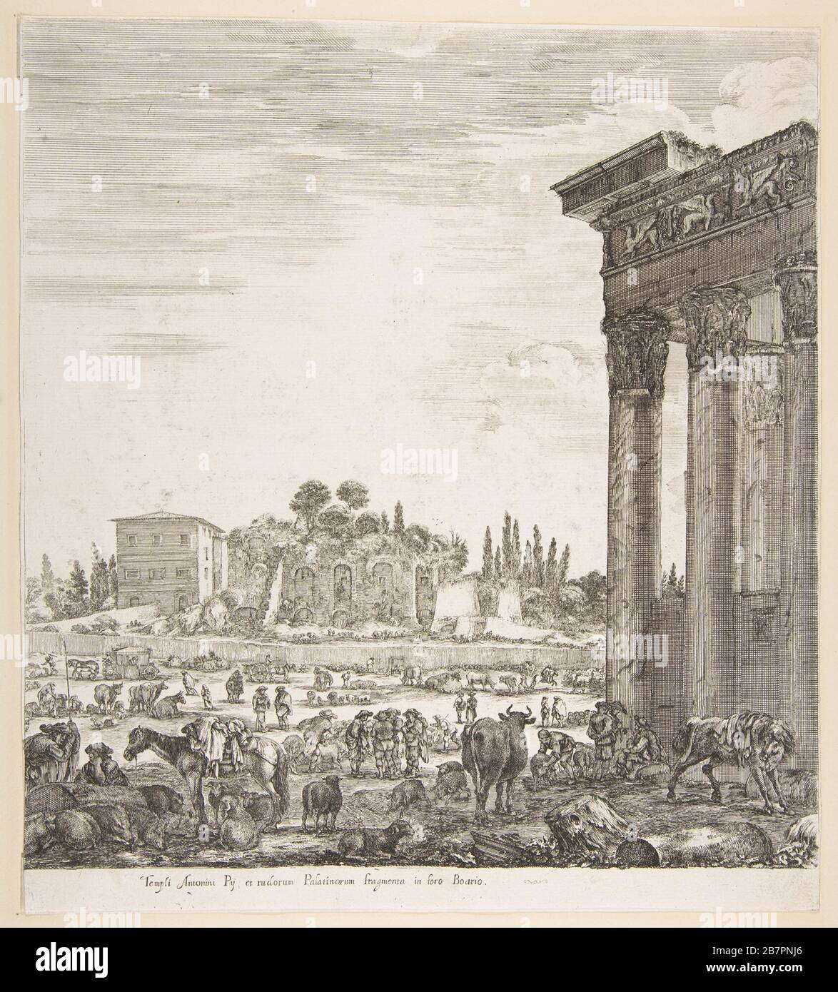 The columns of the Temple of Antoninus to right, a part of the Campo Vaccino in center and at left, along with various animals and figures, the Palatine ruins in the background, from 'Six large views, four of Rome, and two of the Roman countryside' (Six grandes vues, dont quatre de Rome et deux de la Campagne romaine), 1656. Stock Photo