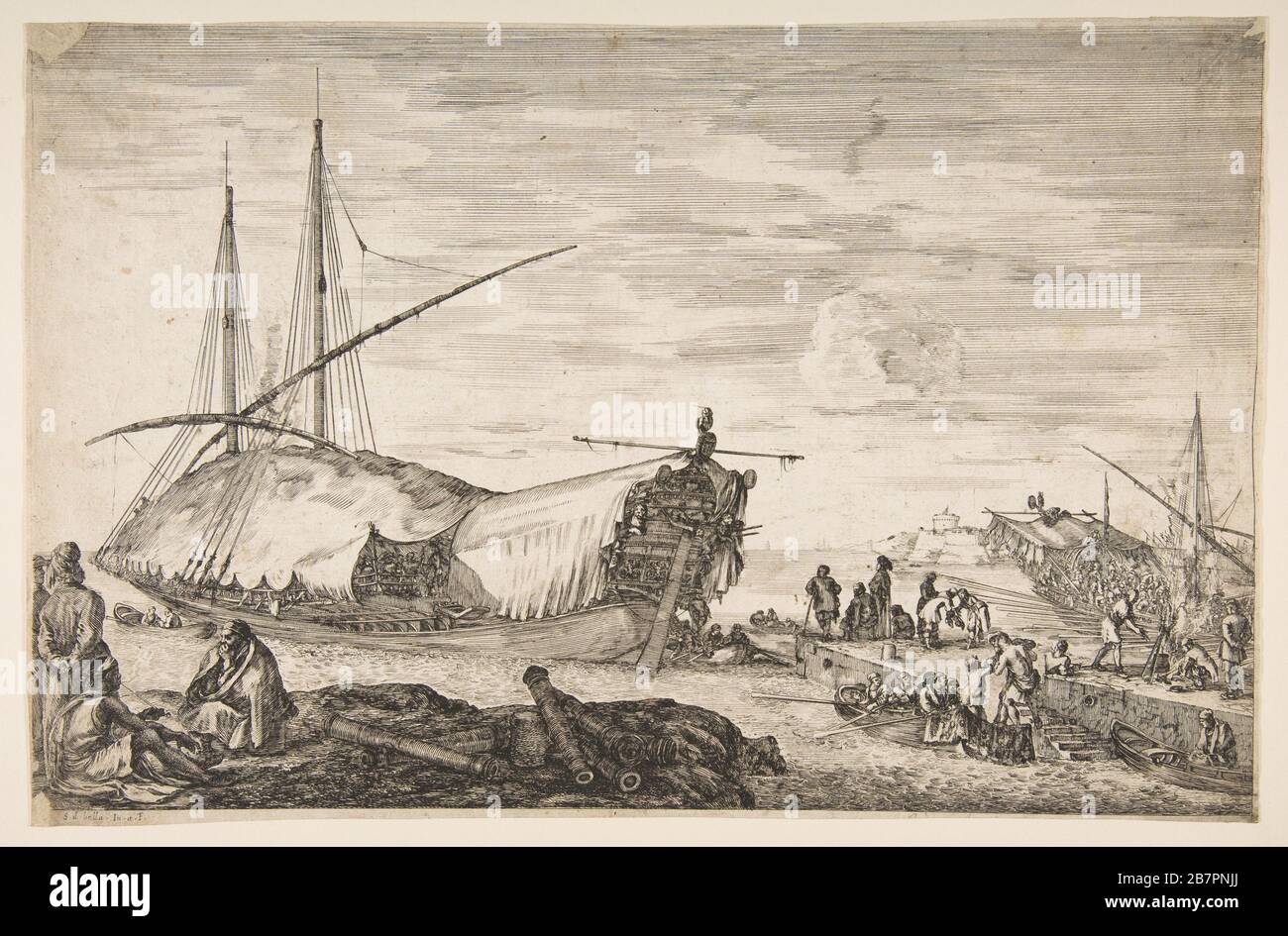 A galley covered in sails to left, six cannons and four people to left in foreground, one man seated at far left smoking a pipe, a man assisting others disembarking from rowboats to right, other rowboats and ships in the background, from 'Views of the port of Livorno' (Vues du port de Livourne), 1655. Stock Photo