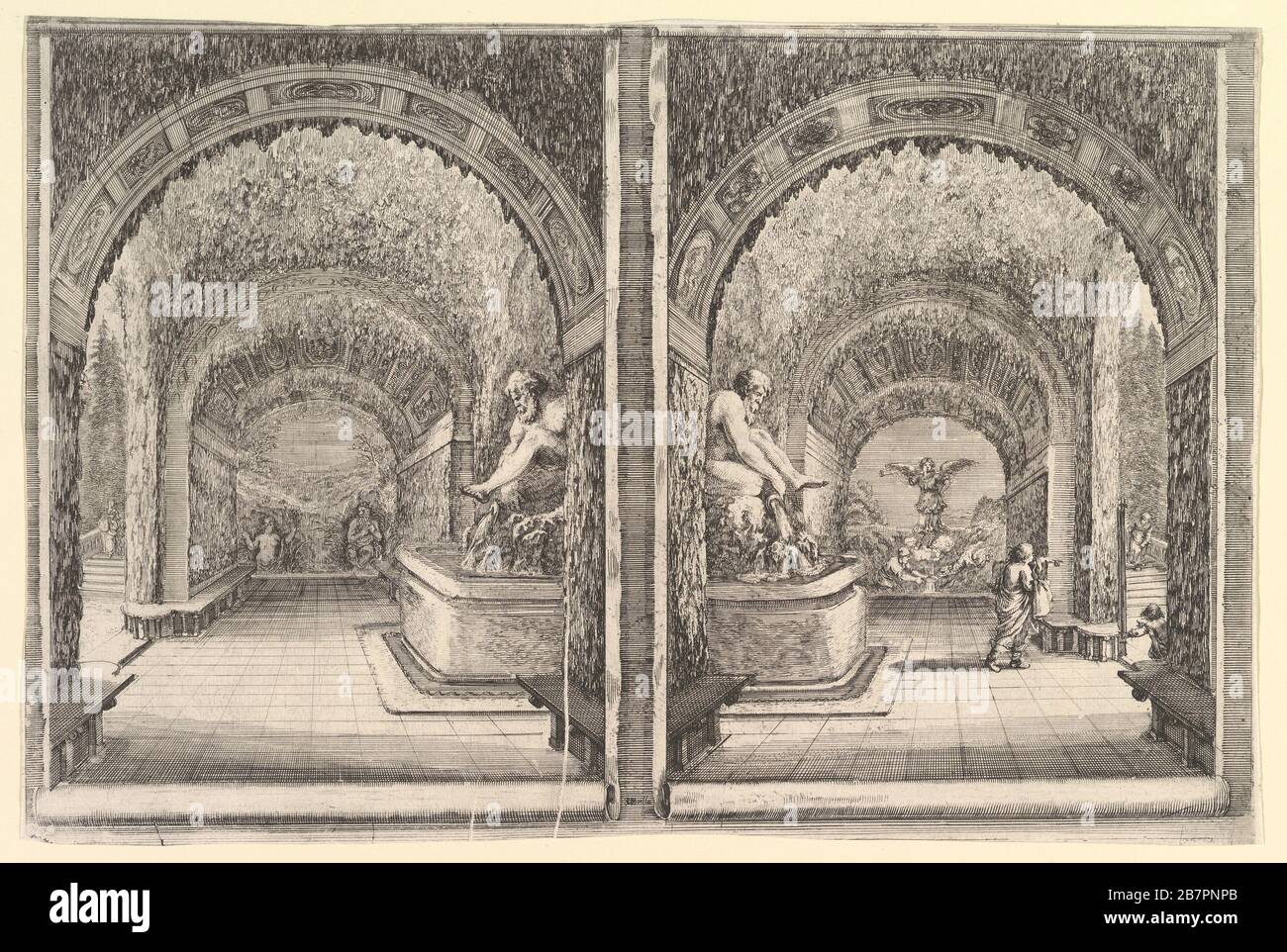 Two views of a grotto, both views with a fountain with a seated statue, seen from the left and right sides, from 'Views of the villa at Pratolino' (Vues de la villa de Pratolino), ca. 1653. Stock Photo