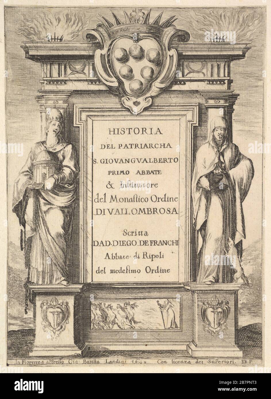 Frontispiece: a monument decorated with the Medici coat of arms at top in center, flames at top to either side, a hooded figure on right side of monument with a weasel below, a figure to left side wearing a papal crown, a scene of a monk chasing away demons with a cross on base of monument, from 'Frontispiece and four scenes from the life of Saint John Gualbert' (Frontispice et quatre vignettes pour une vie de Saint Jean Gualbert), 1640. Stock Photo