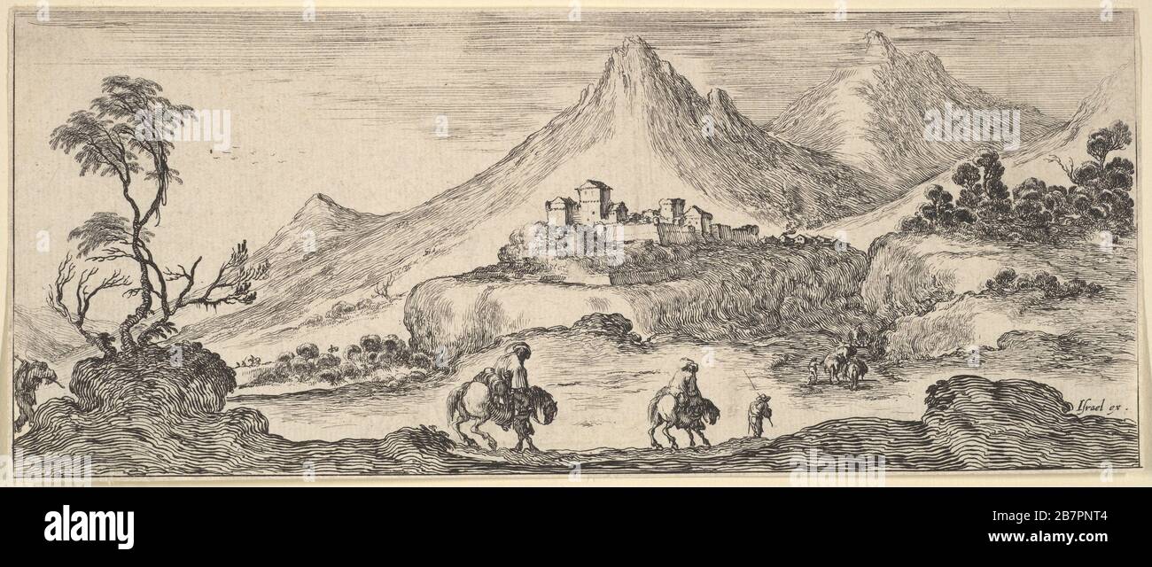 Two horseman descend a hill in center, following another man on foot, a castle in the mountains in the center background, from 'Various landscapes' (Divers paysages), ca. 1641. Stock Photo