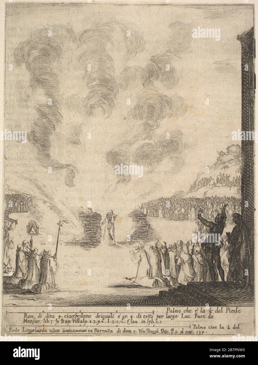 The test of fire, the monk Peter, the disciple Saint John Gualbert, passing through the flames from two pyres unharmed, various spectators to either side, from 'Frontispiece and four scenes from the life of Saint John Gualbert' (Frontispice et quatre vignettes pour une vie de Saint Jean Gualbert), 1640. Stock Photo
