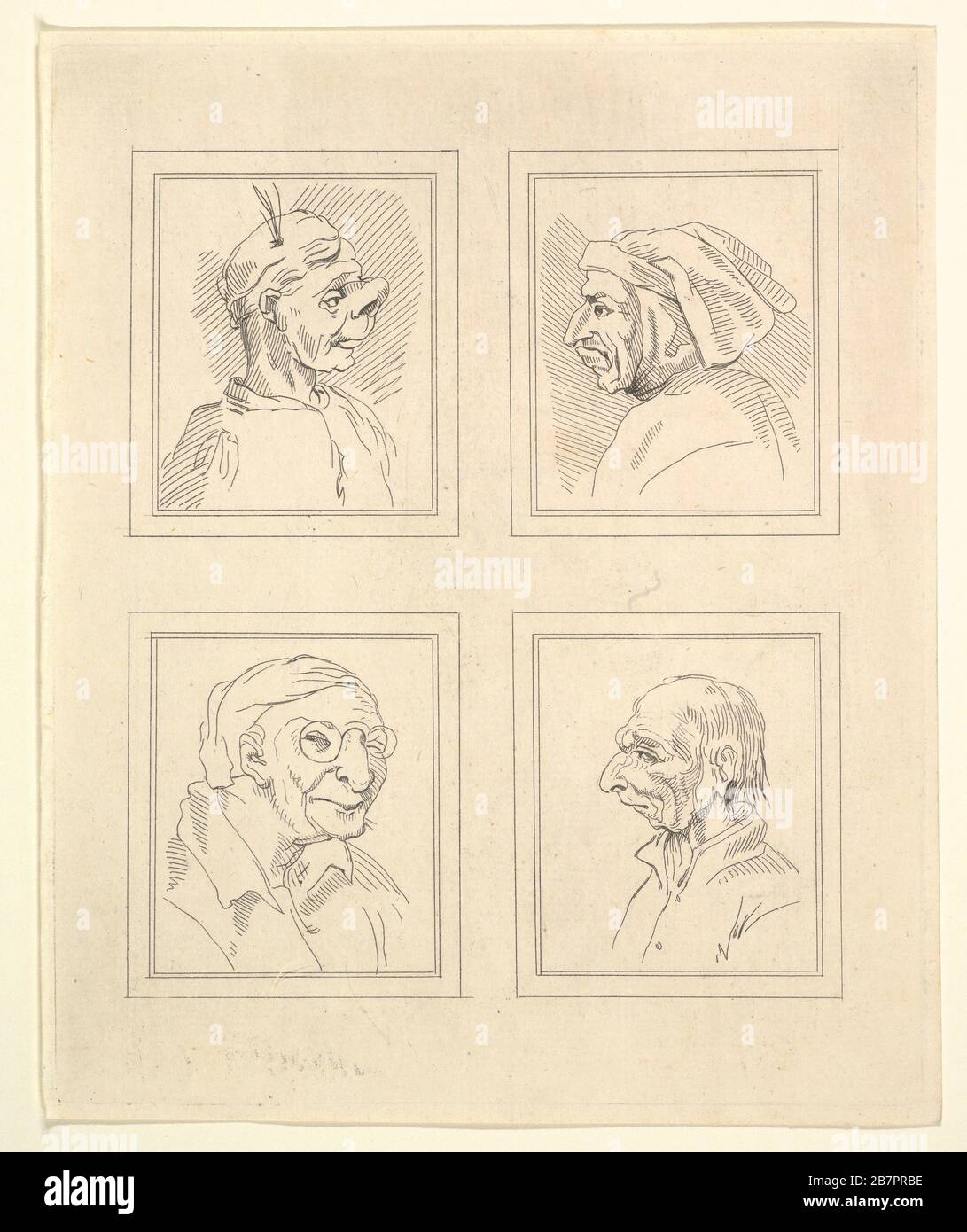 Four Heads (from Characaturas by Leonardo da Vinci, from Drawings by Wincelslaus Hollar, out of the Portland Museum), 1786. Stock Photo