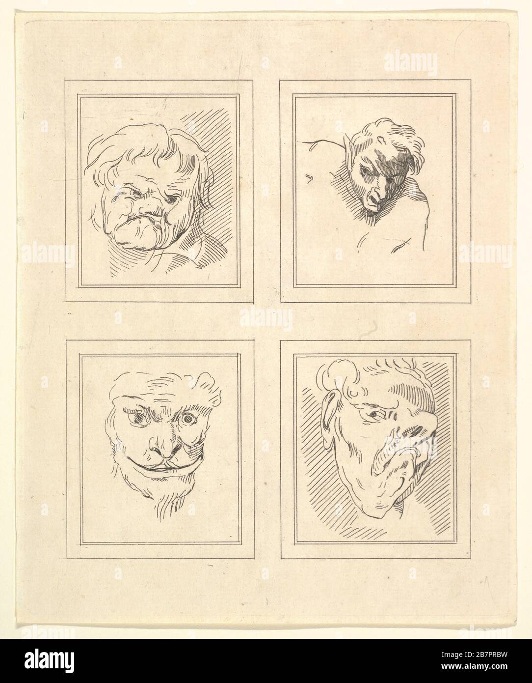 Four Heads (from Characaturas by Leonardo da Vinci, from Drawings by Wincelslaus Hollar, out of the Portland Museum), 1786. Stock Photo