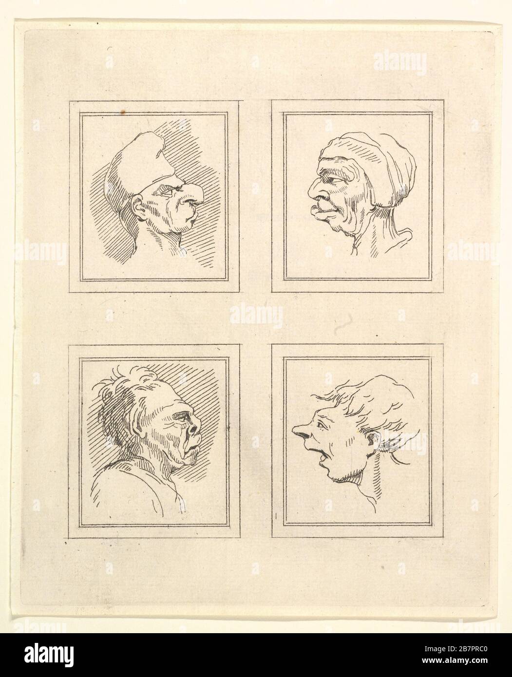 Four Heads (from Characaturas by Leonardo da Vinci, from Drawings by Wenceslaus Hollar, out of the Portland Museum), 1786. Stock Photo