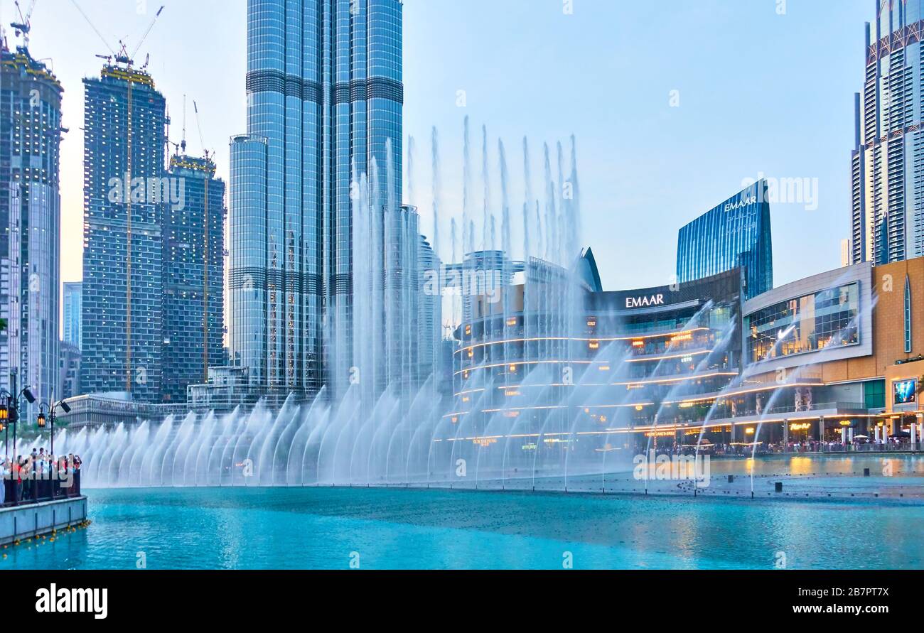 Dubai, UAE - February 02, 2020: The Dubai Fountain near The Burj Khalifa and The Dubai Mall Stock Photo
