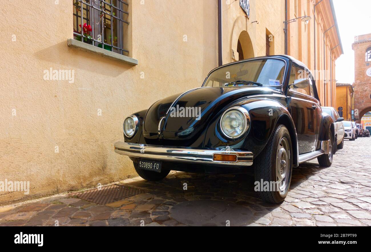 San Giovanni in Marignano, Italy - February 29, 2020:  Black vintage car Volkswagen Beetle 1303 Cabriolet (1972—1980) parked in the street in small it Stock Photo