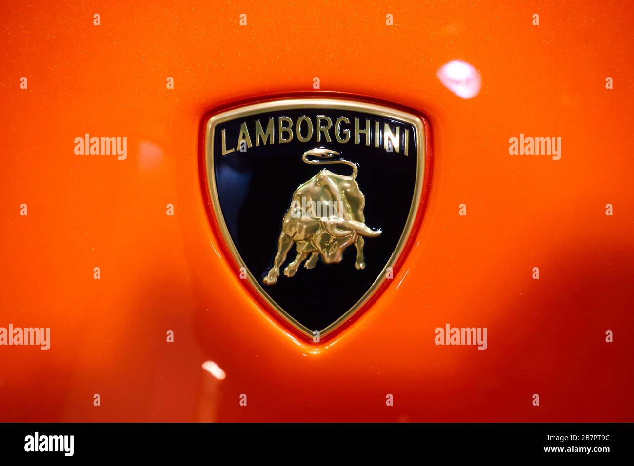 Bologna, Italy - March 03, 2020:  Logo of Lamborghini. Lamborghini is an Italian brand and manufacturer of luxury sports cars Stock Photo