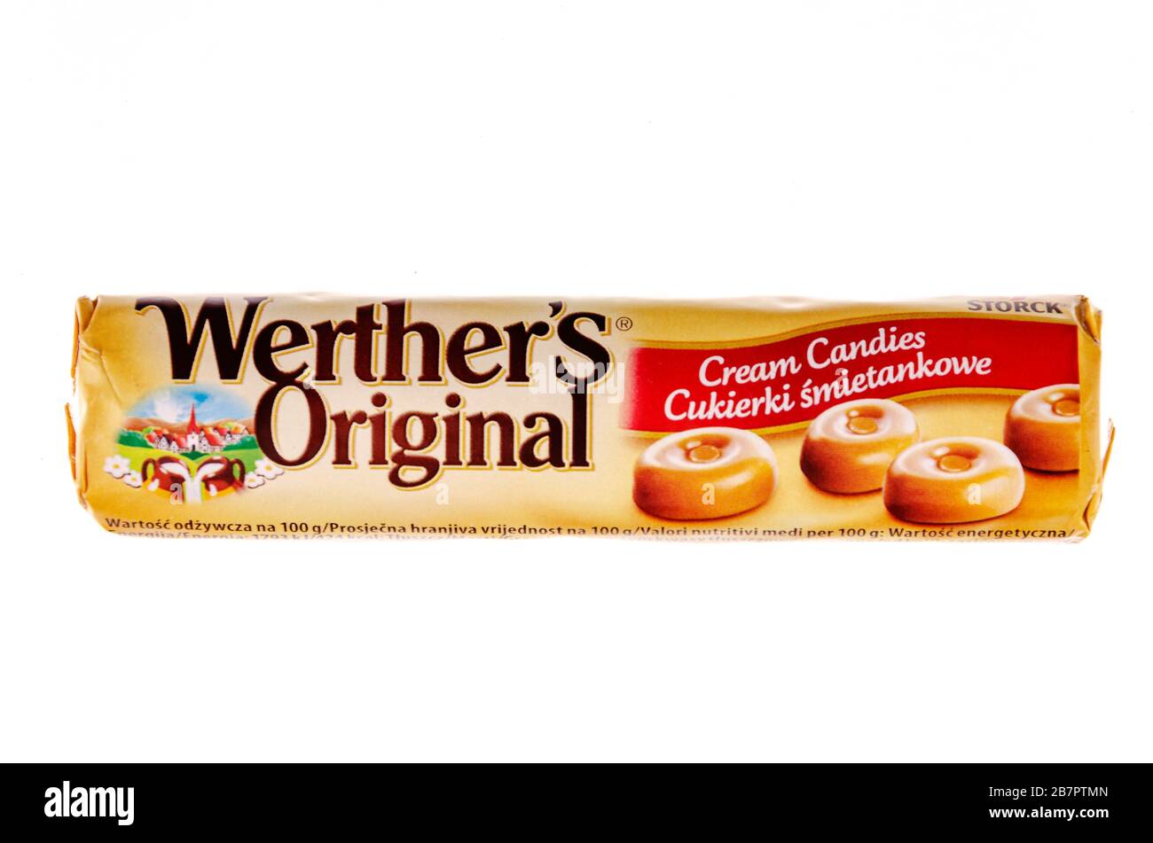 Werthers Original classic cream candies on white background. They are produced by German company August Storck KG, based in Berlin Stock Photo