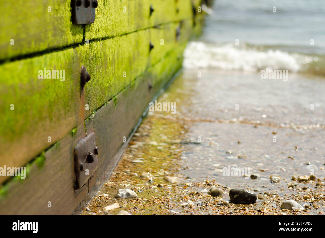 A weather beaten wooden groyne on an Isle of Wight shingle beach worn smooth by waves. Stock Photo