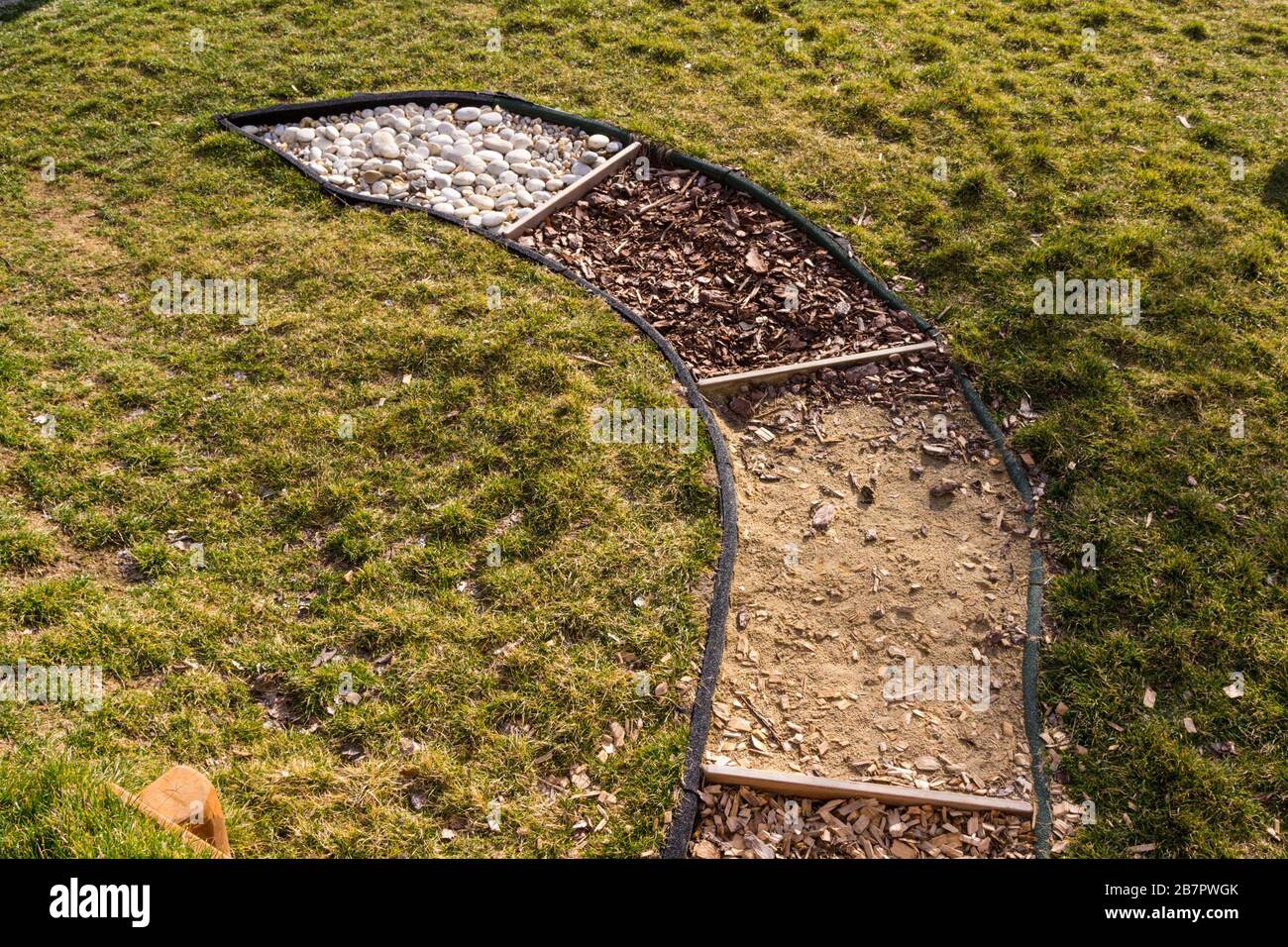 Kneipp route path track with pebbles, mulch and sand at playground, Brennbergbanya, Sopron, Hungary Stock Photo