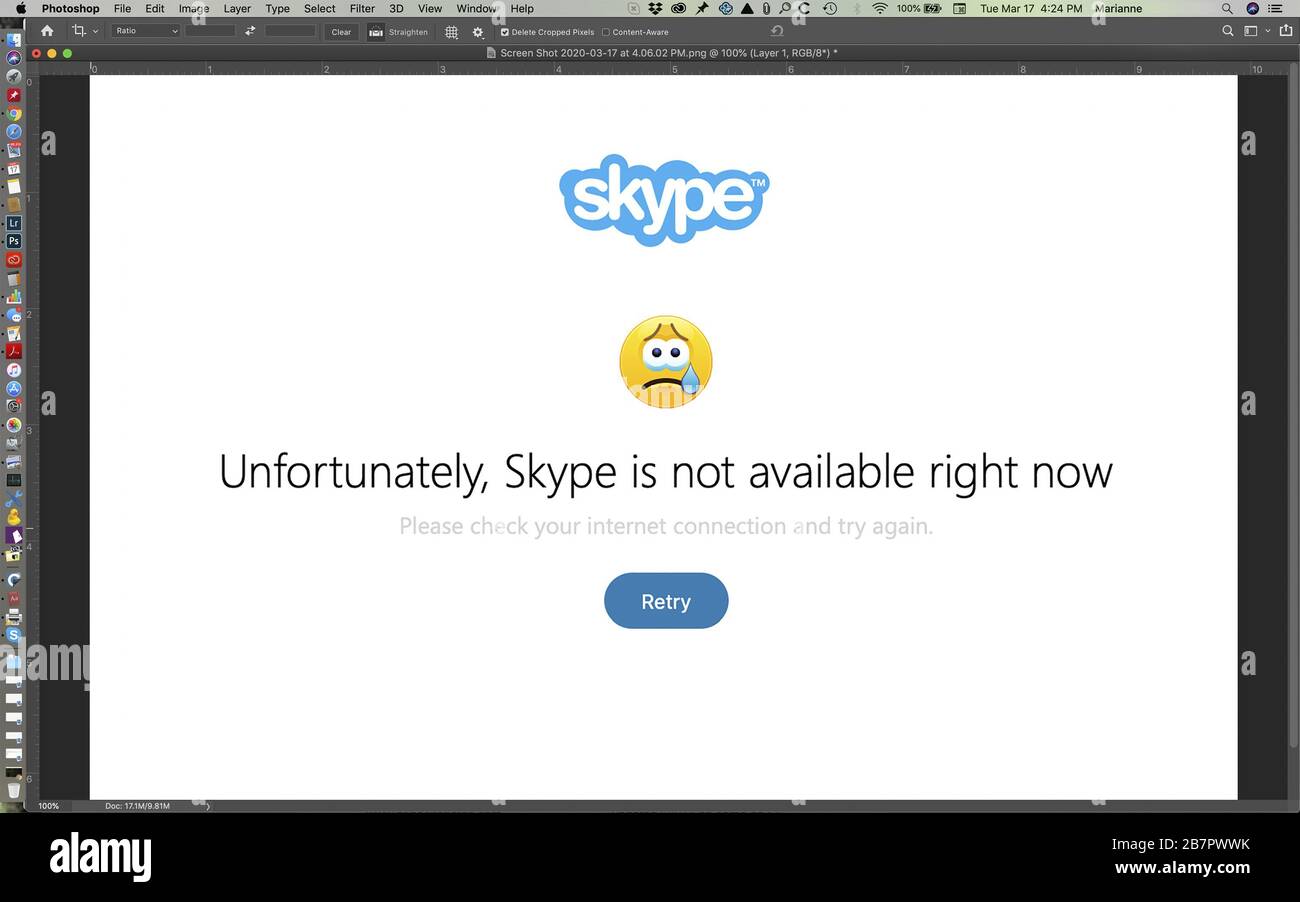 Chappaqua, New York - 17 March 2020: Message Unfortunately, Skype is not available right now. Social distancing including working at home due to the novel coronavirus, Covid-19 increases demand for virtual communication tech solutions and can overburden the system’s servers. Stock Photo