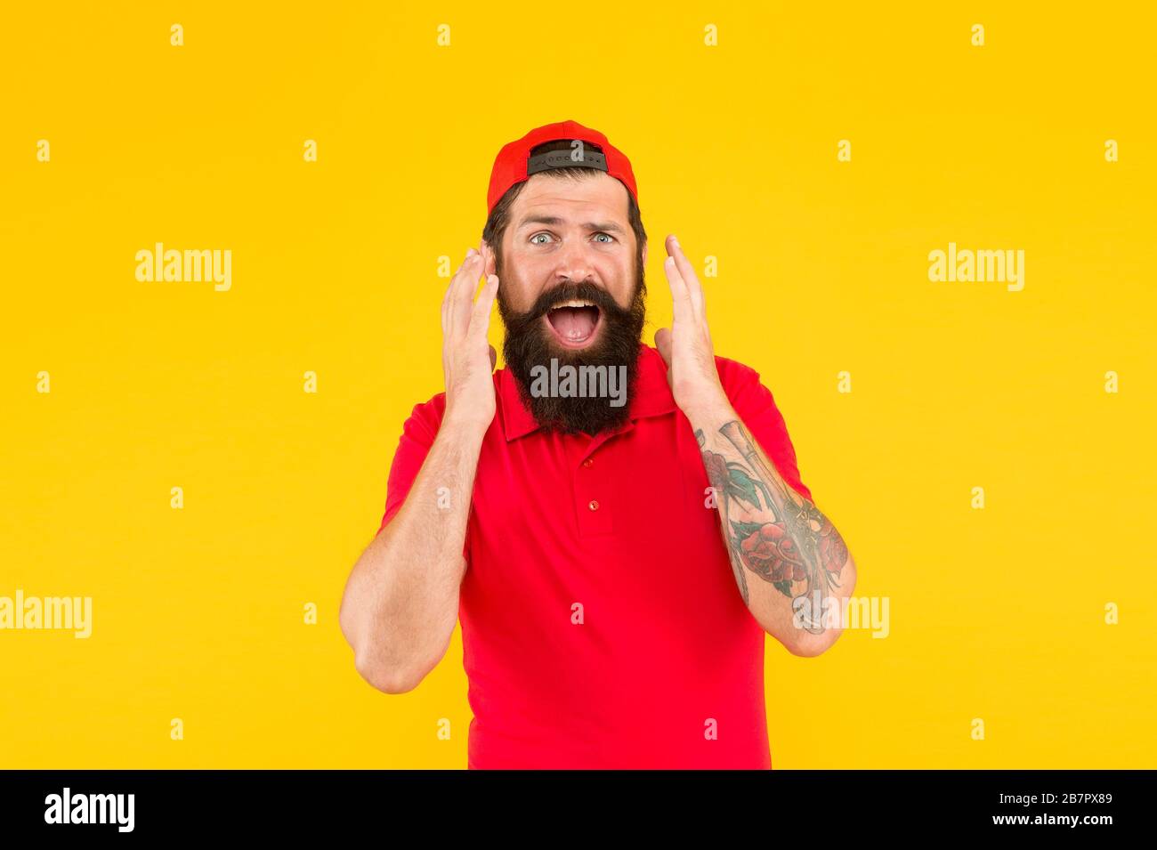 Surprised Of Rapid Beard Growth Bearded Man Open Mouth With Surprise Yellow Background Hipster