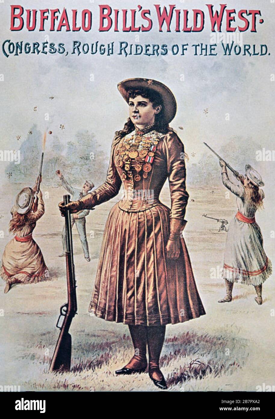 ANNIE OAKLEY (1860-1926) American sharpshooter on a poster for Buffalo Bill's Wild West Show about 1900 Stock Photo