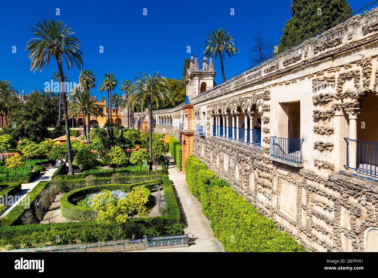 Exterior of Galería del Grutesco (Grotto Gallery) and gardens with palm trees, Royal Alcázar of Seville, Spain Stock Photo