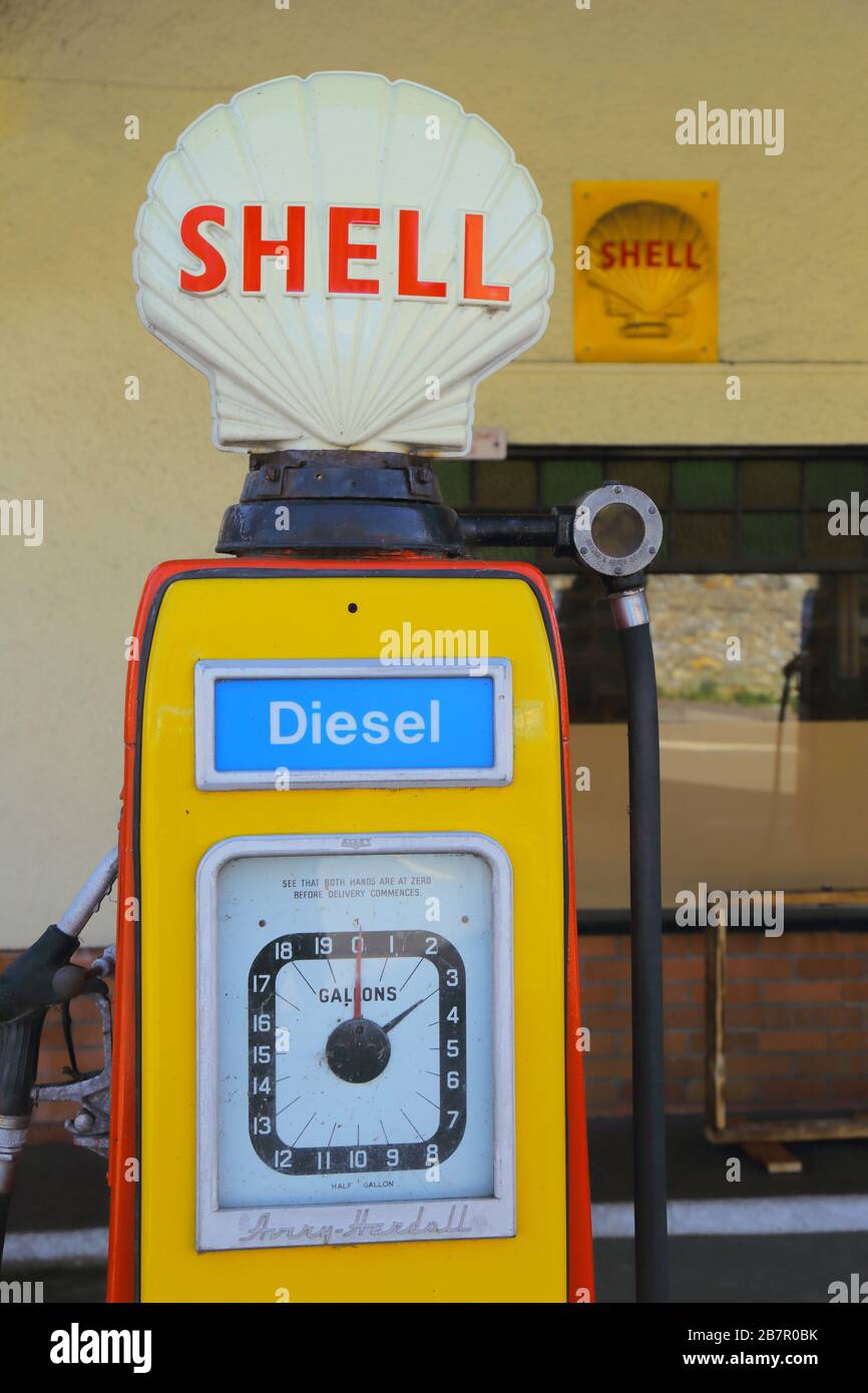 Vintage petrol filling station in village of Colyford, Devon, was built ...