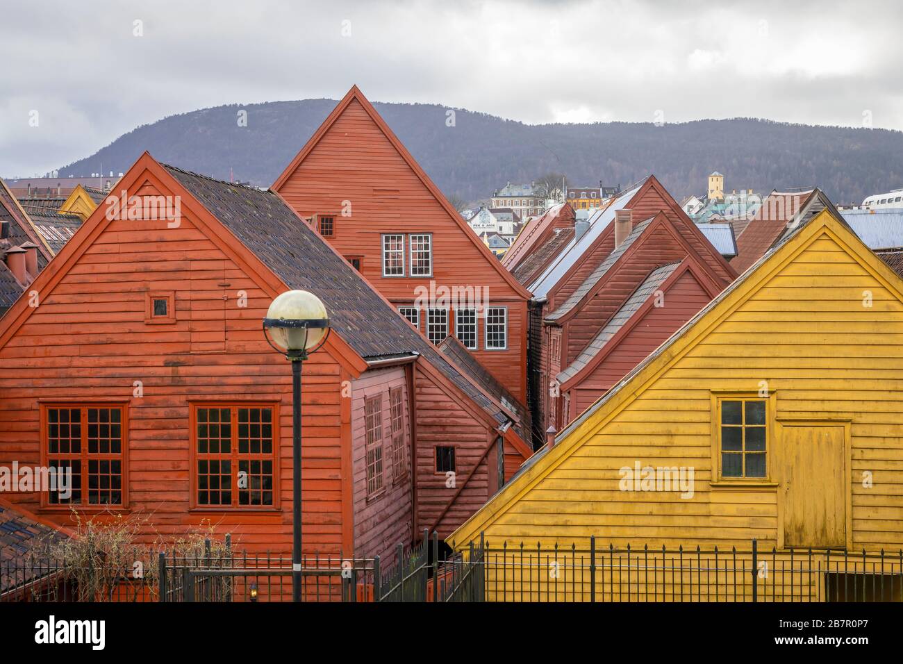 Bryggen the old district in Bergen with wooden houses, Norway Stock