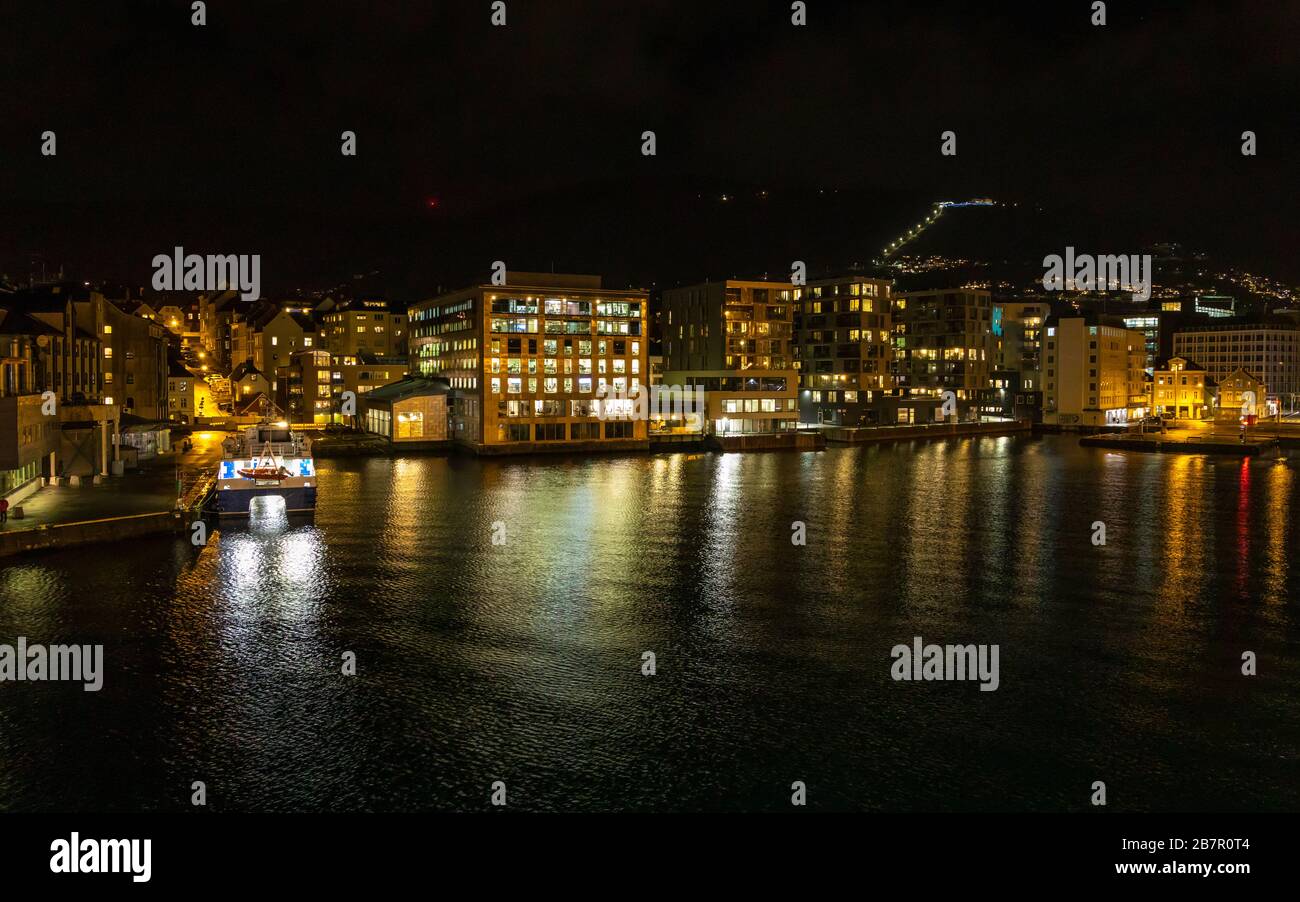 Bergen harbour during night, Norway Stock Photo
