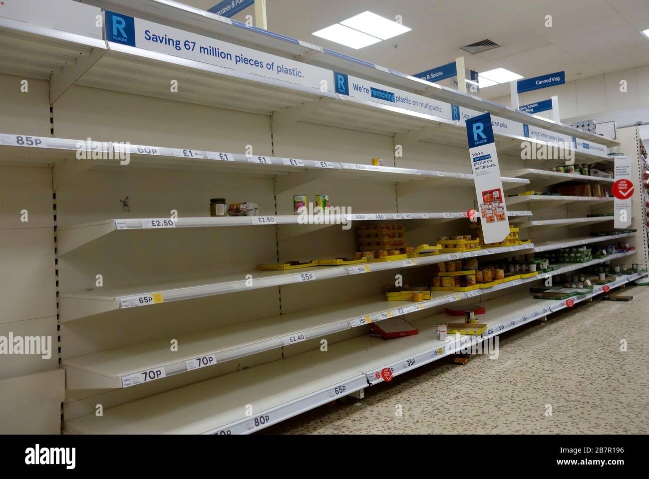 Empty shelves in a Tesco store in Surrey, UK due to panic buying because of coronavirus. March 17th 2020 Stock Photo