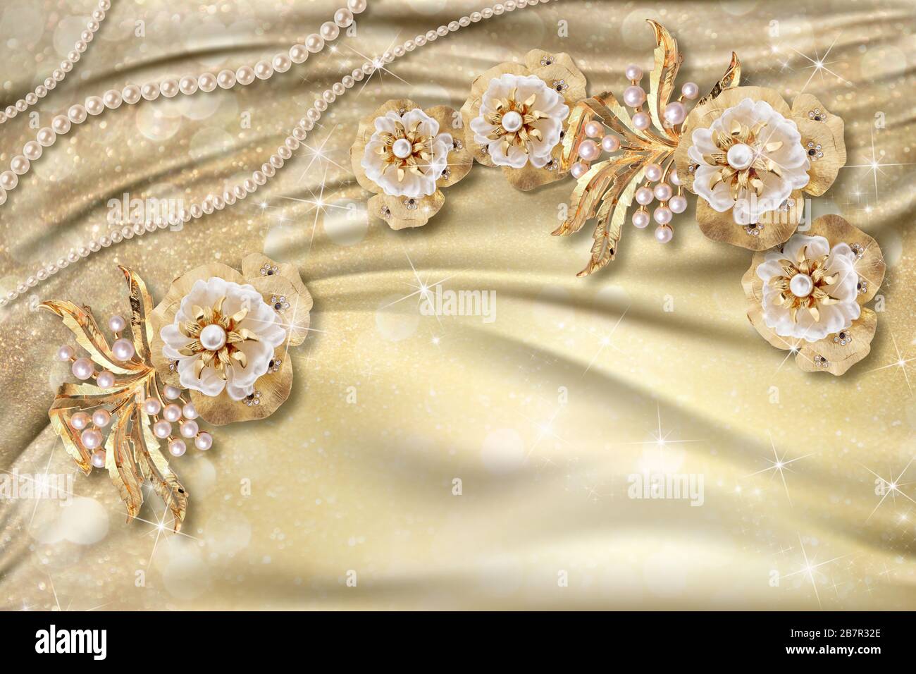 3D wallpaper, Jewelry flowers and white pearls on silk background Stock  Photo - Alamy