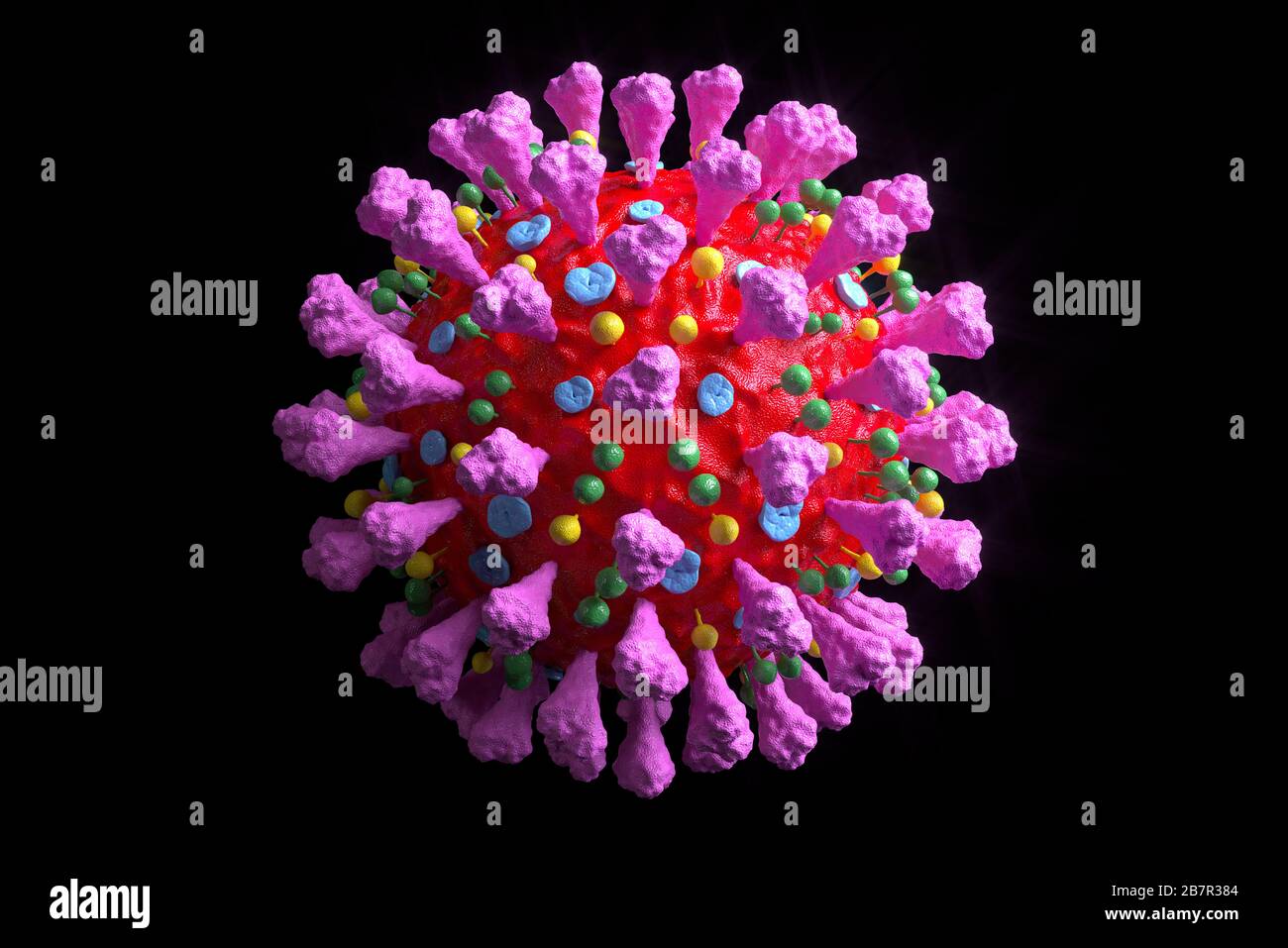 Coronavirus COVID-19 infection 3D render. Floating pathogen respiratory influenza covid virus cells. Realistic virus 3D illustration. Stock Photo