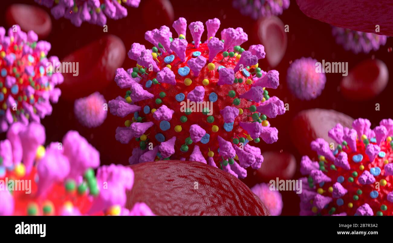 Coronavirus 2019-nCov novel coronavirus in bloodstream. Medical background. Structure of epidemic virus 3D render. Stock Photo