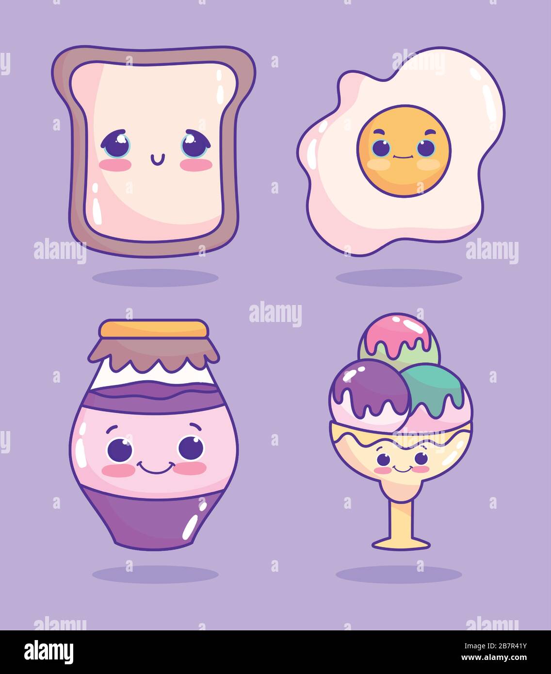 food cute fried egg bread jam and ice cream scoops in glass cartoon ...