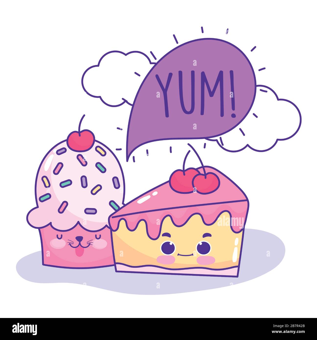 food cute piece cake cupcake speech bubble yum cartoon vector