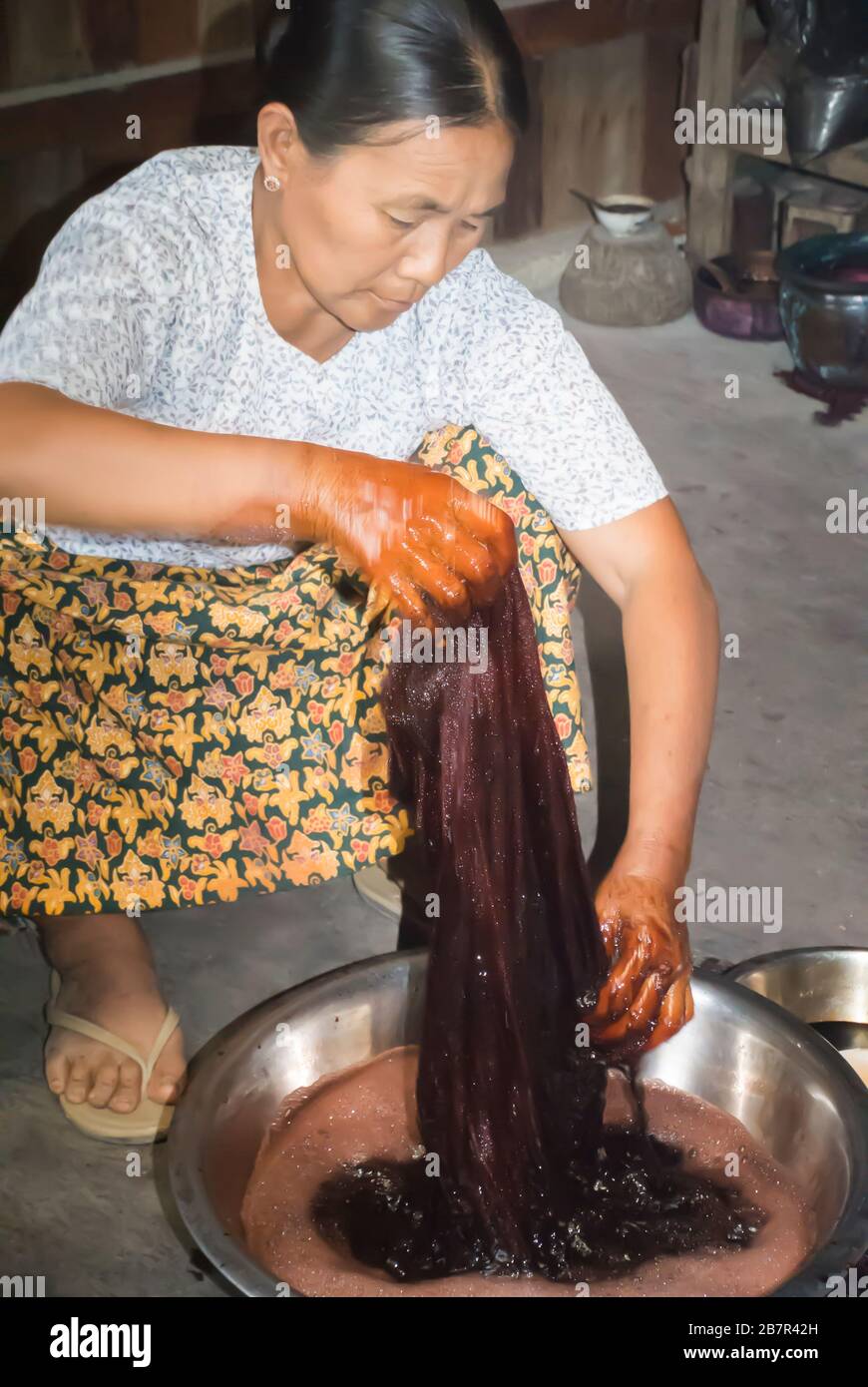 Woman Dying Material, Inle Lake, Myanmar Stock Photo