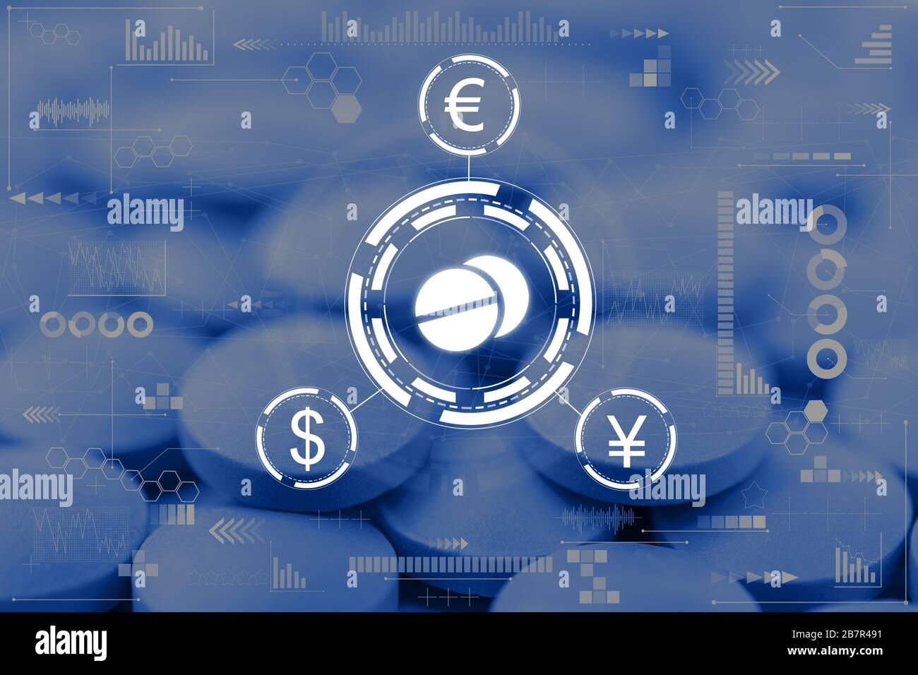 The concept of a rise in price due to covid-19 drugs. Abstract medication icon with a dollar, euro, yuan sign and charts, icons. Toned. Close up. Stock Photo