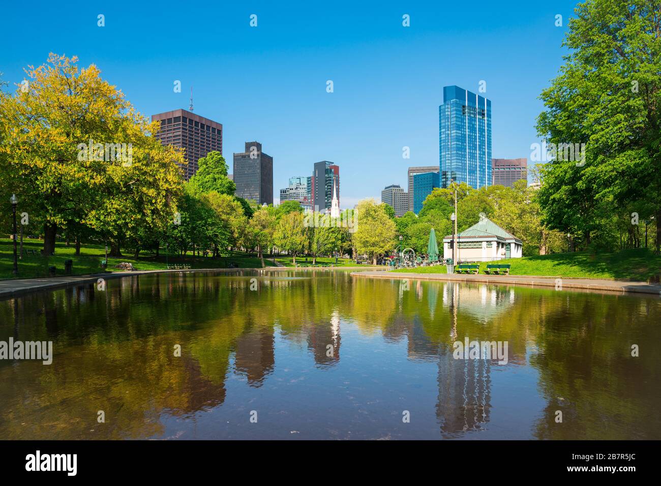 Boston common with skylines and blue sky Stock Photo
