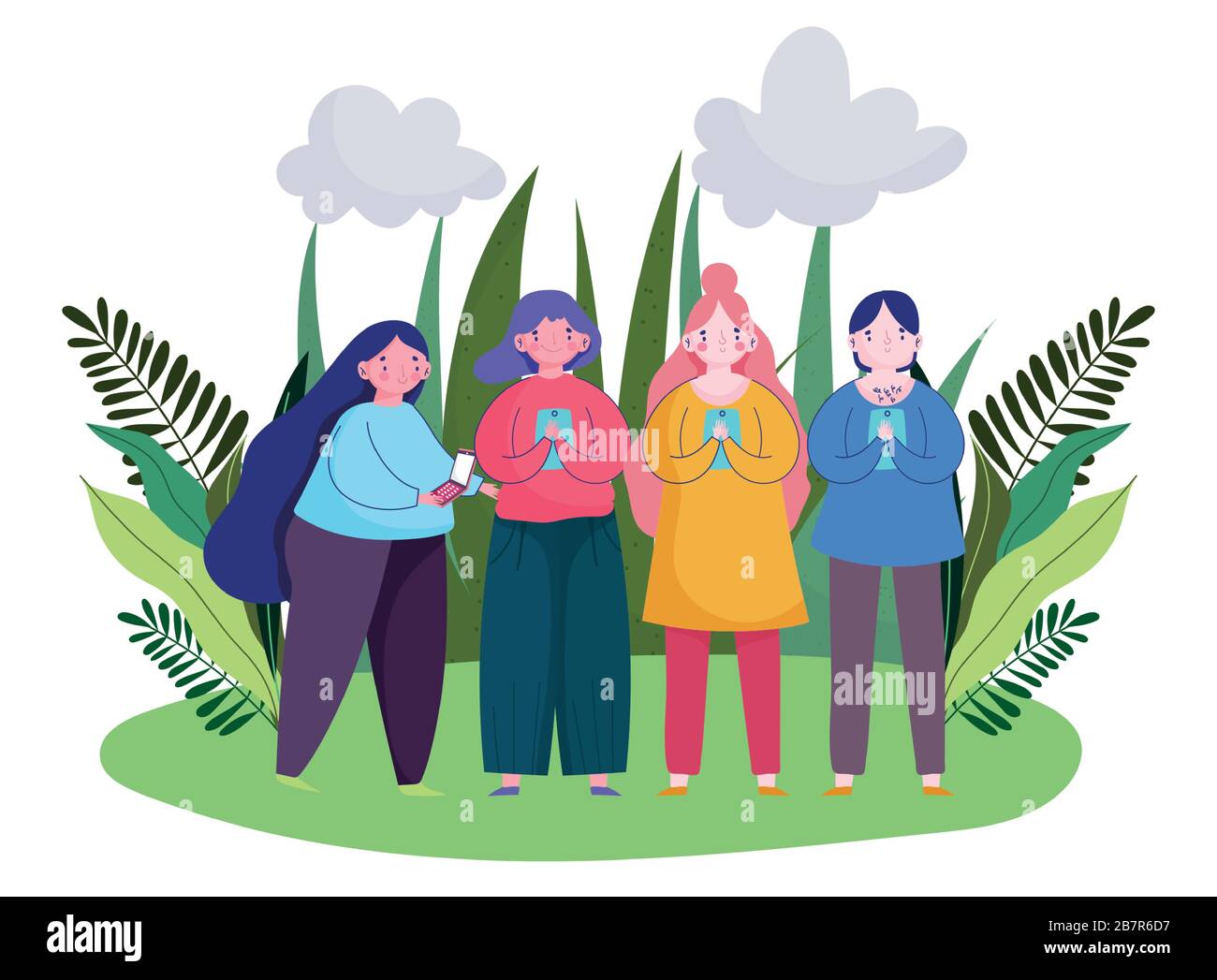 group people using smartphone device technology outdoor vector ...