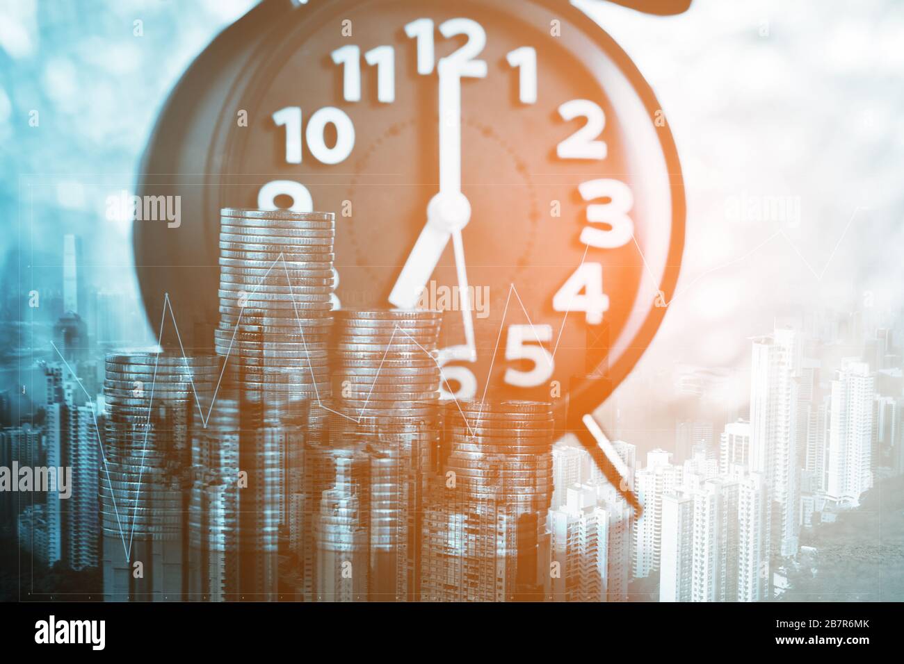 Double exposure of alarm clock and coins stacks with city background ...