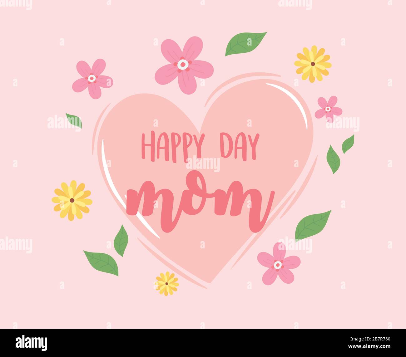 happy mothers day, heart and flowers leaves delicate card vector ...