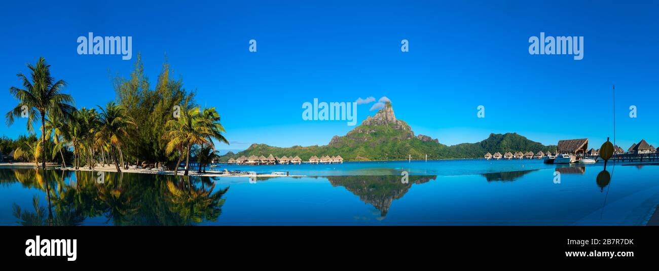 Bora Bora beach with reflection in the morning Stock Photo