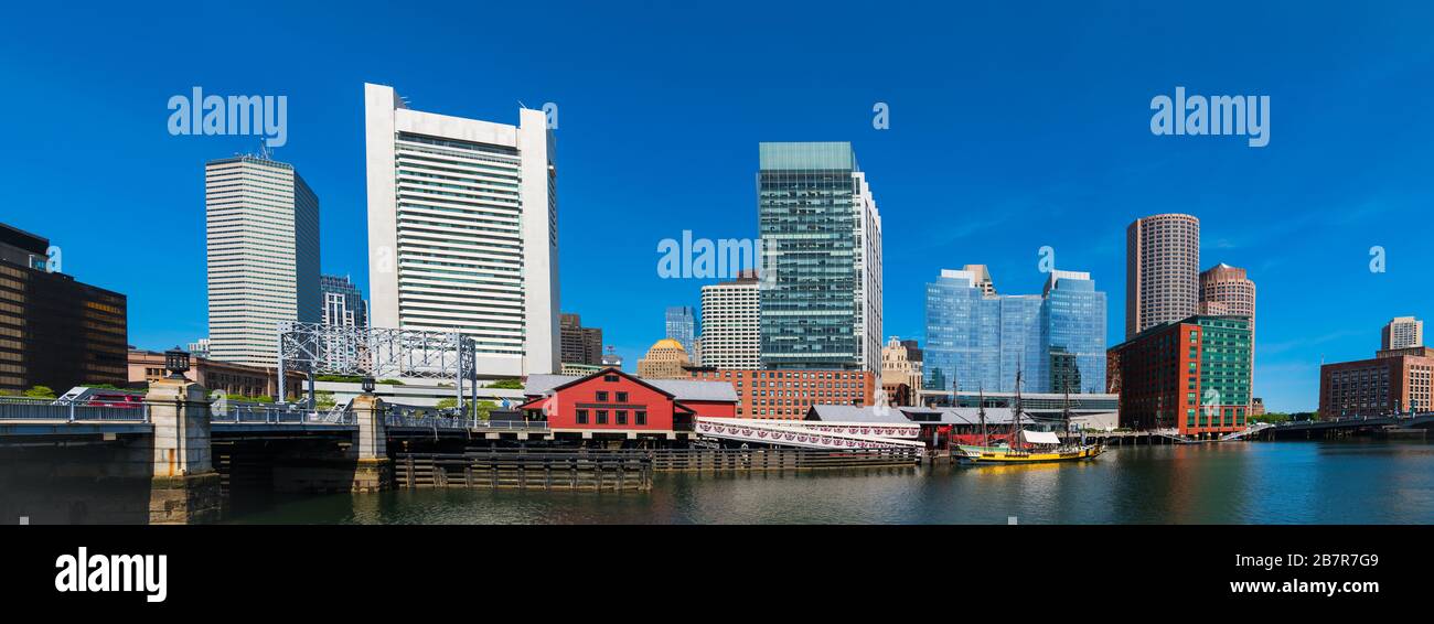 Boston harbor skylines with blue sky Stock Photo