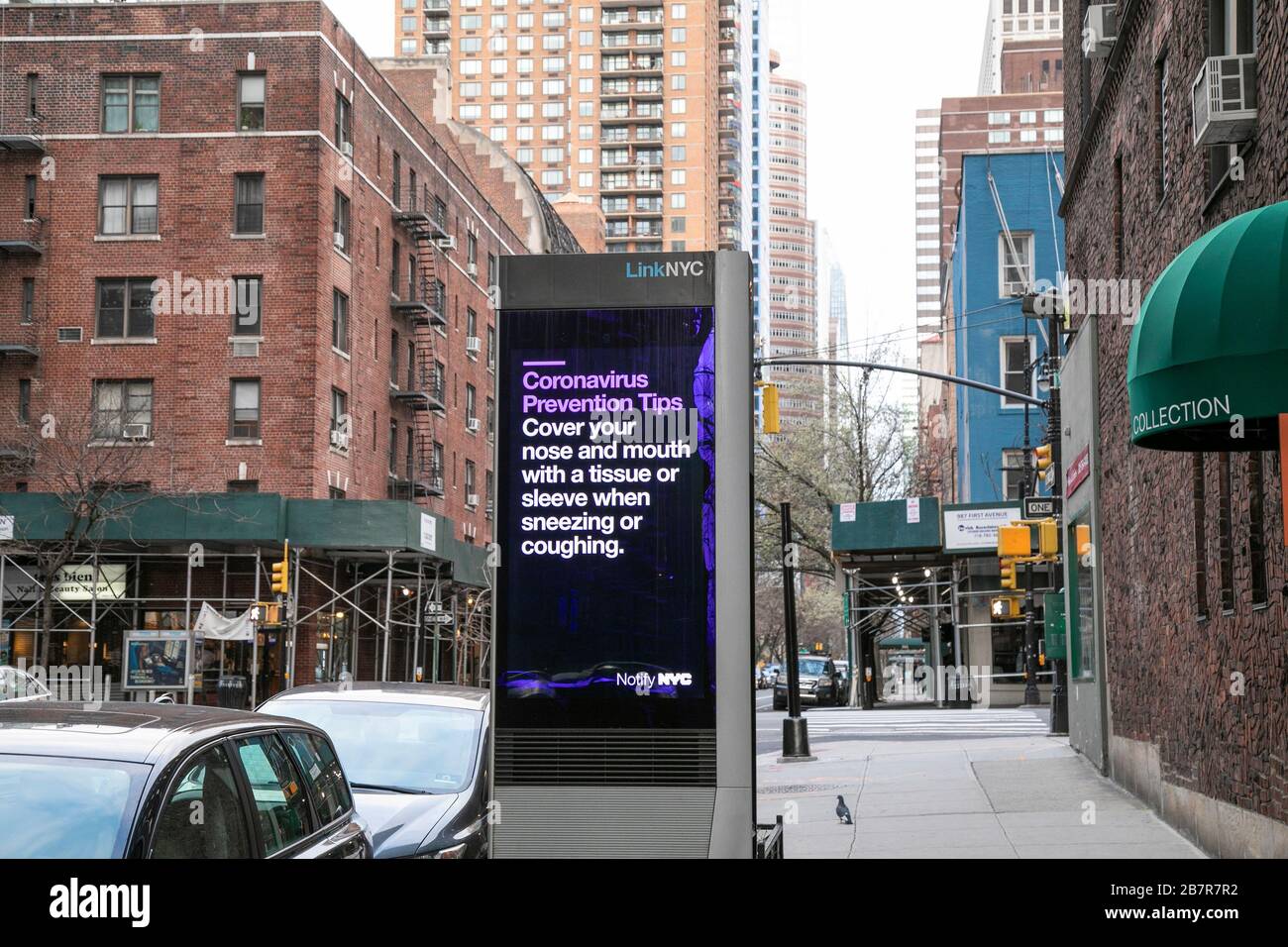 LinkNYC street sign about the Coronavirus. Stock Photo