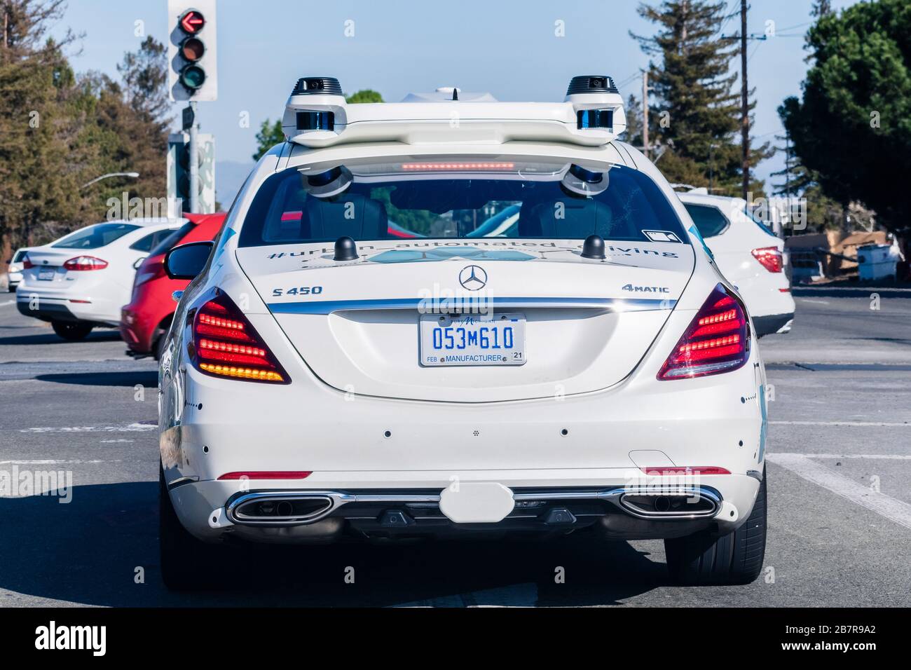 March 4, 2020 Santa Clara / CA / USA - Mercedes Benz self driving vehicle  performing tests on the streets of Silicon Valley; Daimler and Bosch partne Stock Photo