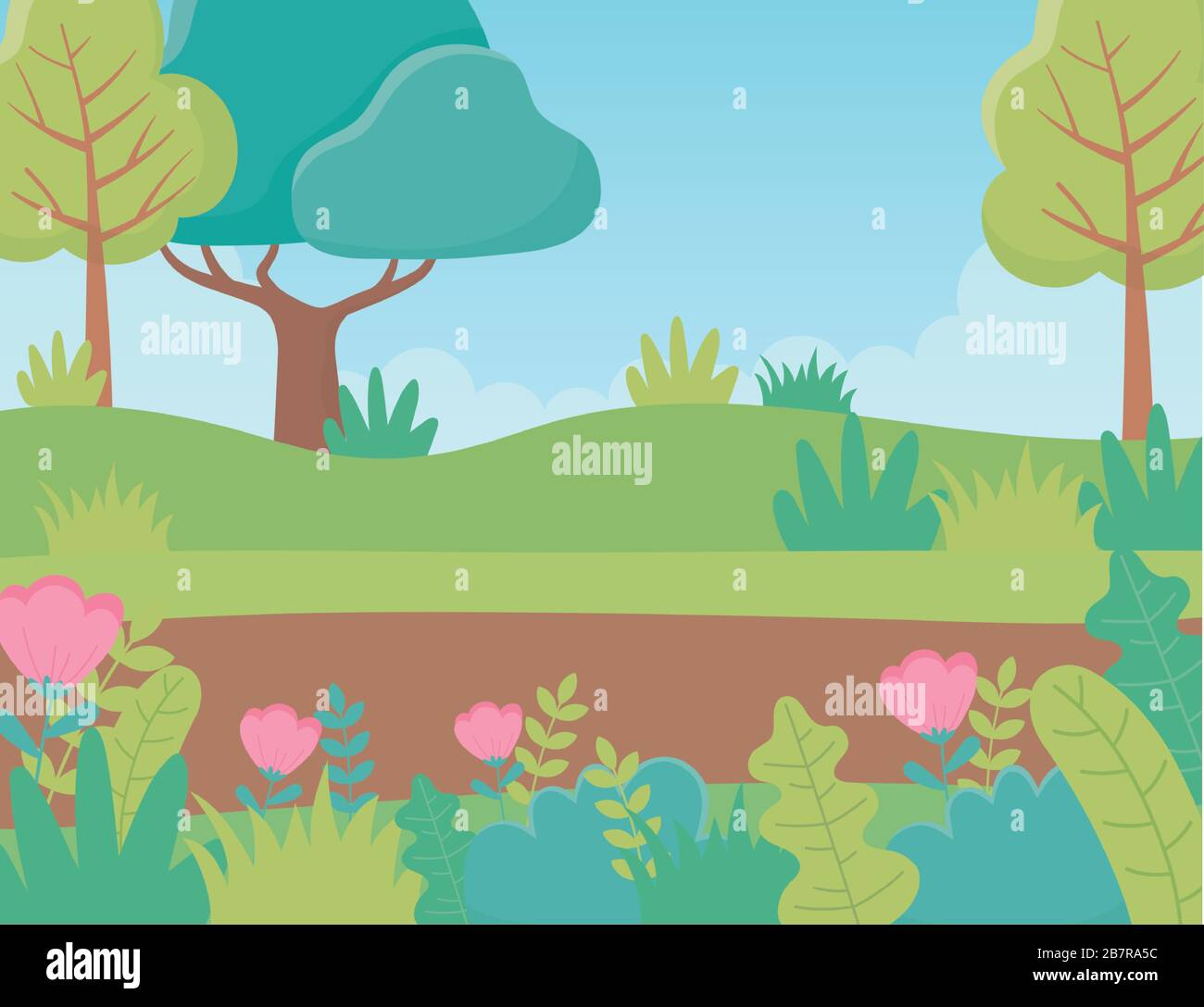 landscape trees path flowers foliage nature greenery image vector ...