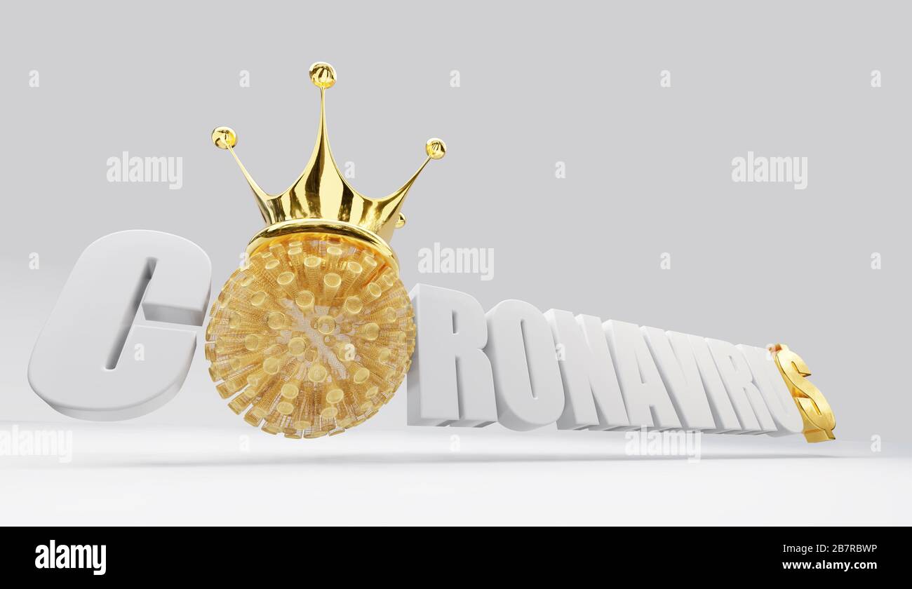 3D render text - Corona VIRUS cell 2019nCoV, Covid19 with golden crown on top and dollar currency icon at the end of the sentence. Coronavirus Illustr Stock Photo
