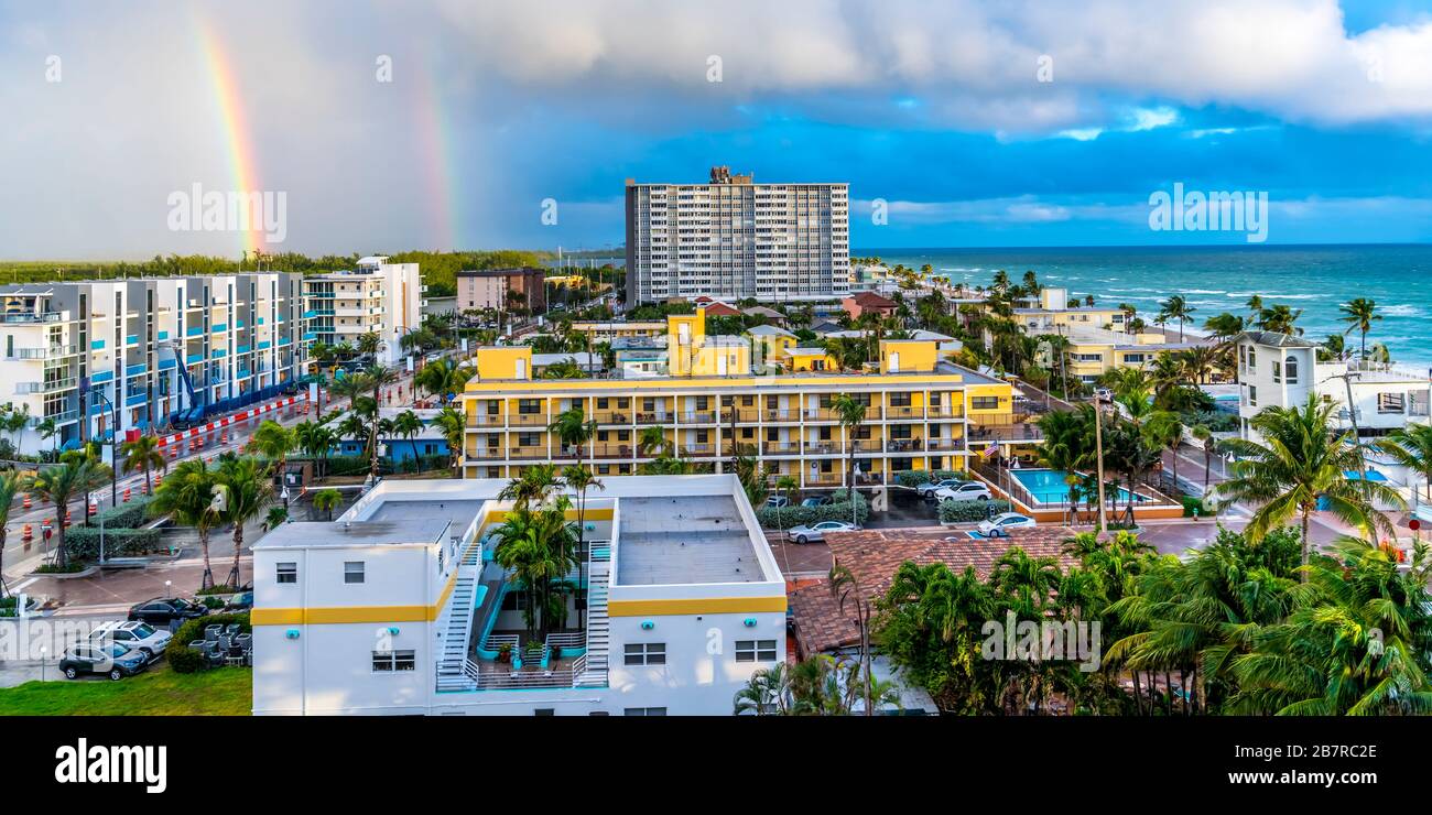 Hollywood beach with rainbow, about 20 miles north of Miami . Stock Photo