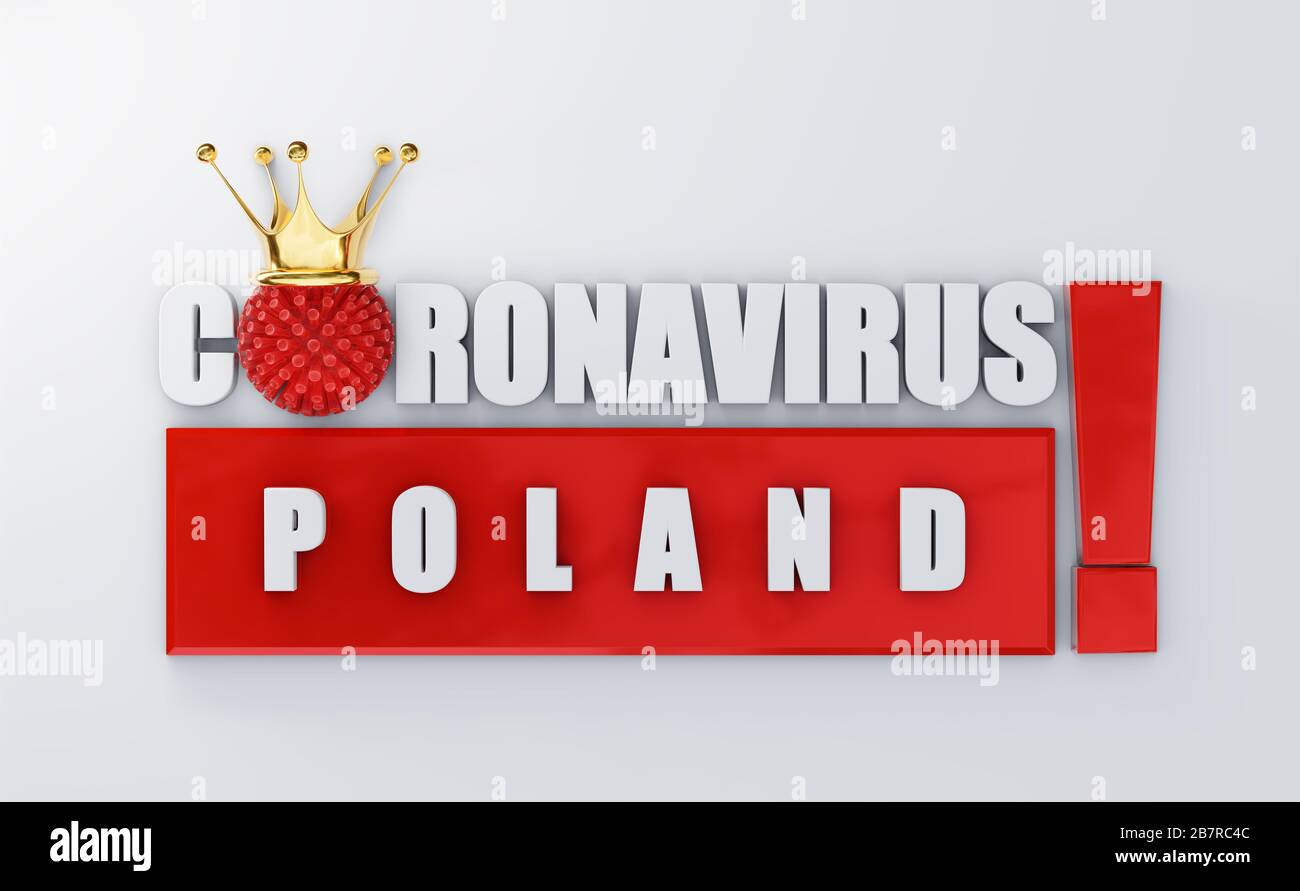3D render text in the colors of the Polish flag - Corona VIRUS cell 2019nCoV, Covid19 with golden crown on top. Coronavirus Illustration on white isol Stock Photo