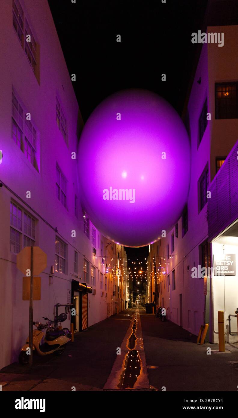The Betsy orb is an egg-shaped skybridge, wedged between two low rise buildings, Miami Beach, Florida, USA. Stock Photo