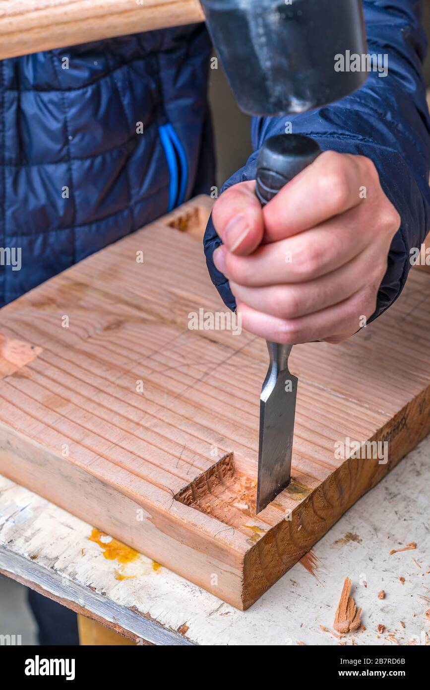 Closeup Chisel Carpentry Joinery Hand Cutting Stock Photo 2195172735